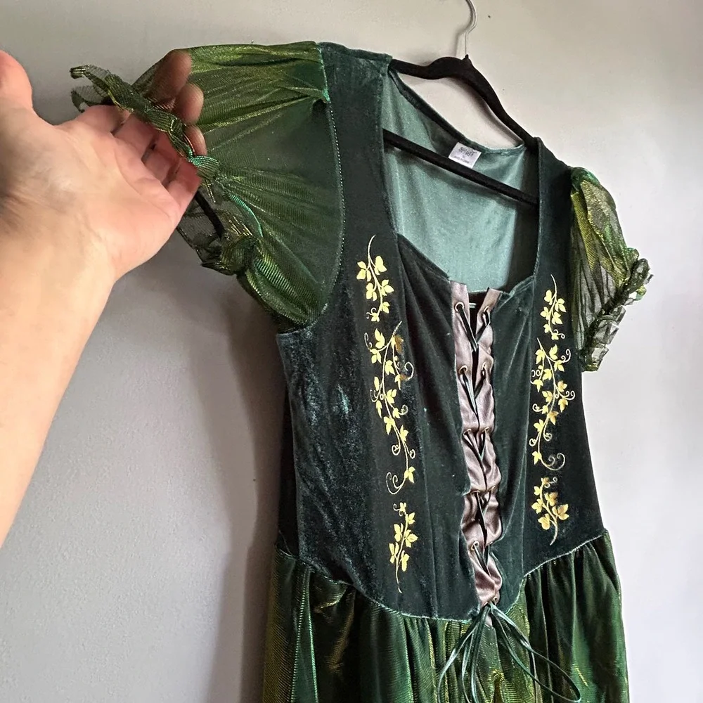 Spirit Halloween Green Renaissance Fairy Costume Dress XL Velvet Iridescent Mesh - Picture 4 of 10